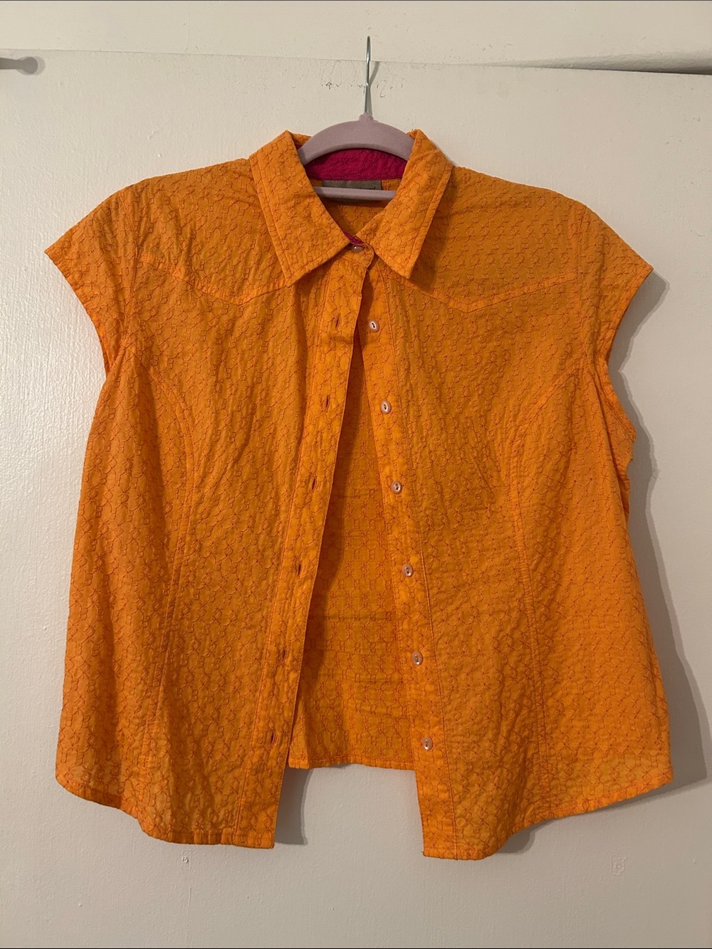 Women’s Orange Cotton Button-Front Cap-Sleeve Top